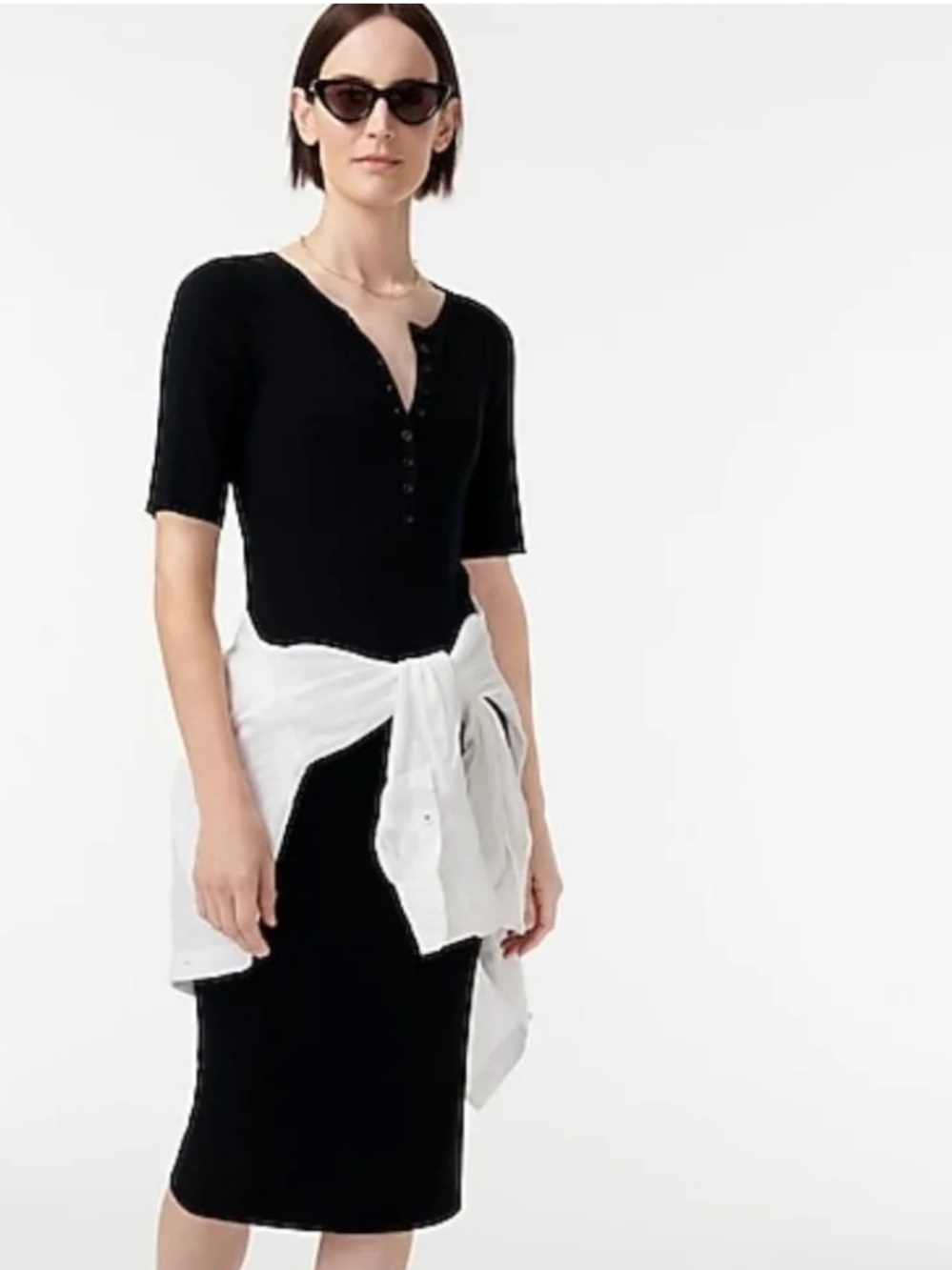 J Crew Black Ribbed Henley Midi Sweater Dress